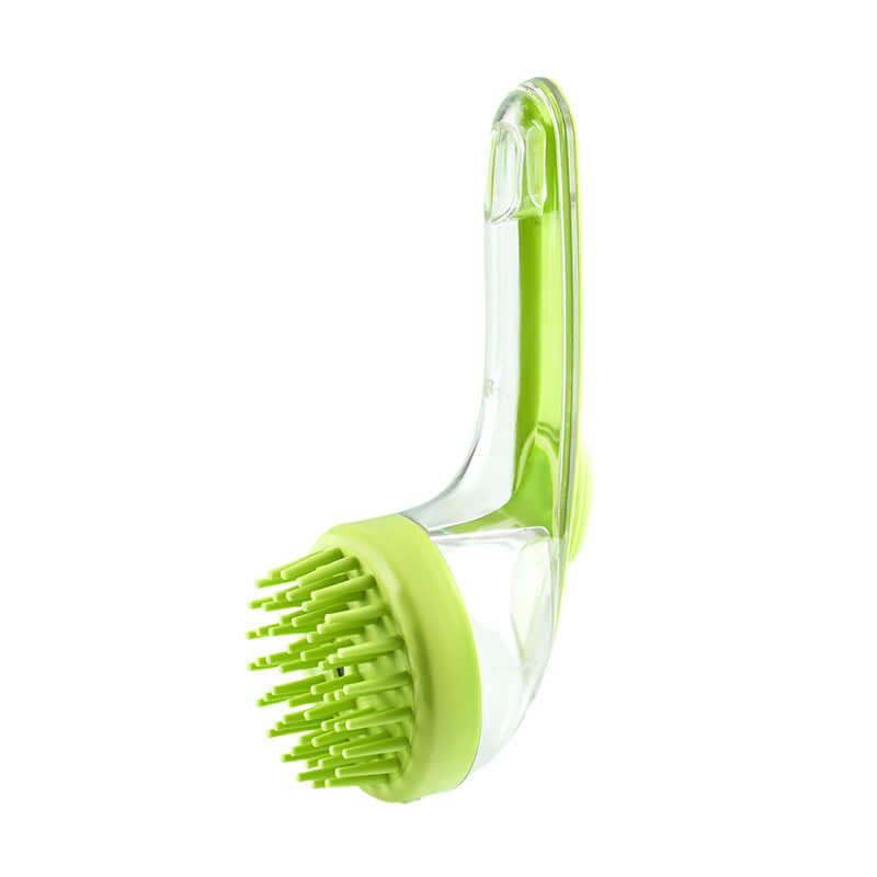 Long handle pet bath brush with soft bristles for grooming dogs and cats, featuring a comfortable grip.