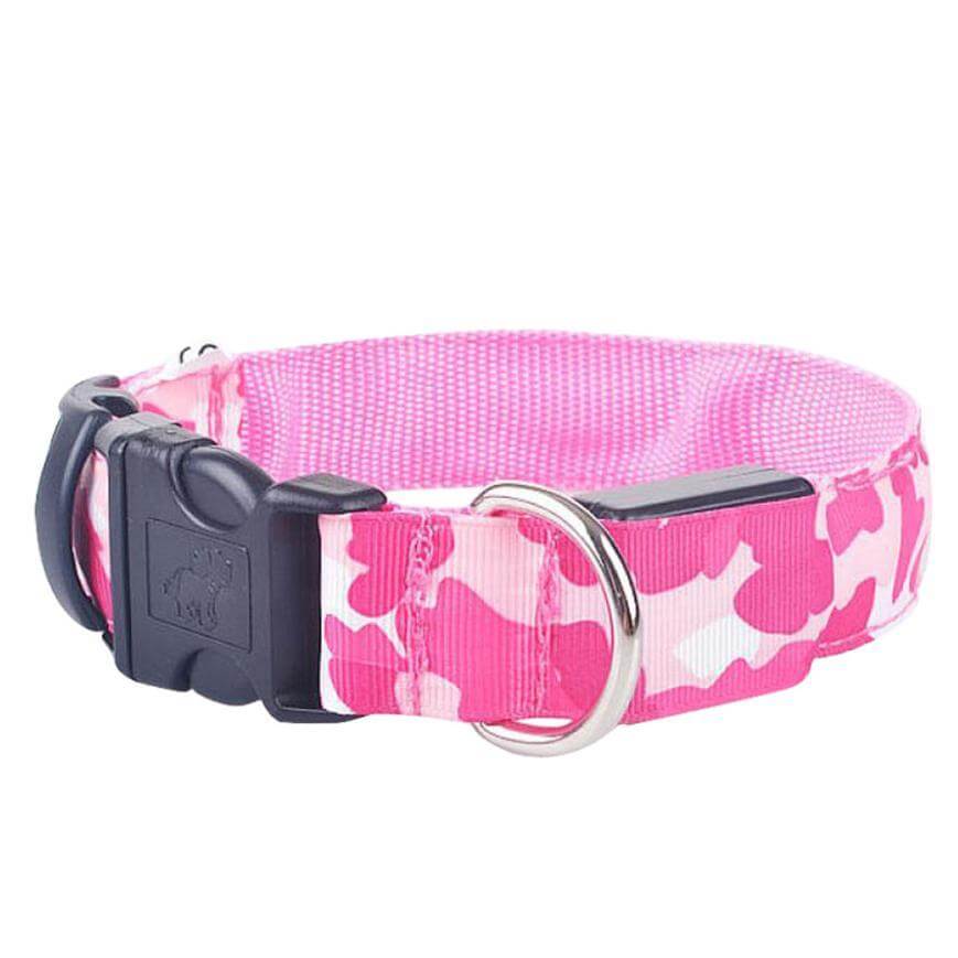 Pink camouflage nylon dog collar with adjustable buckle for nighttime safety and visibility.