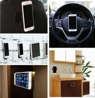 Multifunctional gel pads in use as phone holders on various surfaces, including car, wall, and kitchen.