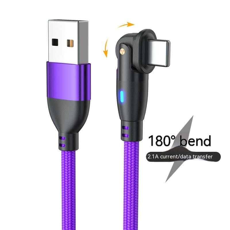 180-degree bending USB Type-C data cable in purple, featuring aluminum alloy nylon design for fast charging.