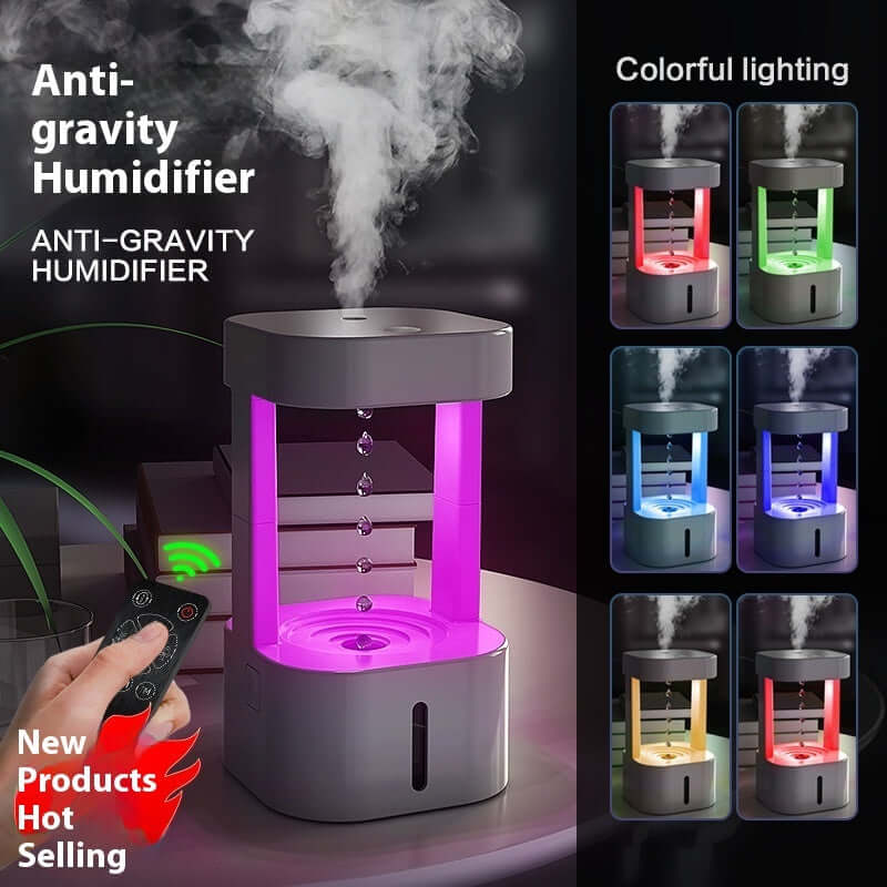 Anti-gravity humidifier with colorful lighting and mist spray, ideal for home or office use.