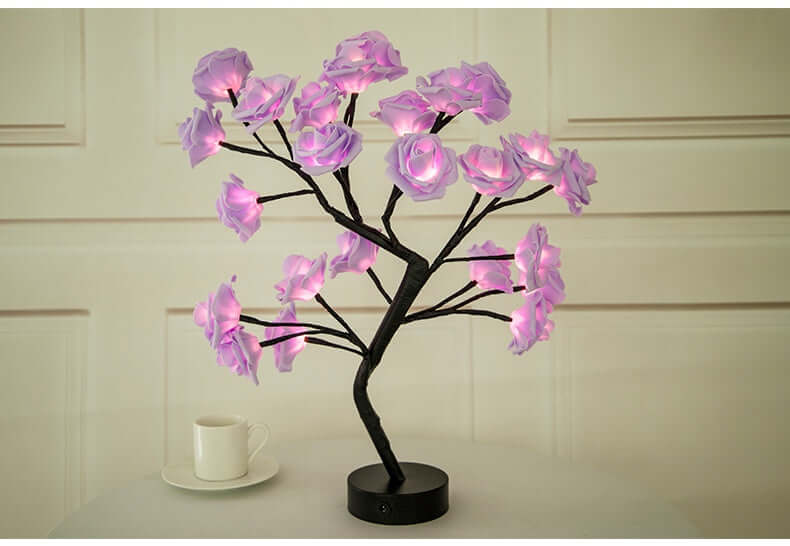  Rose flower lamps in pink and white on a marble table with soft lighting, ideal for elegant home decor.