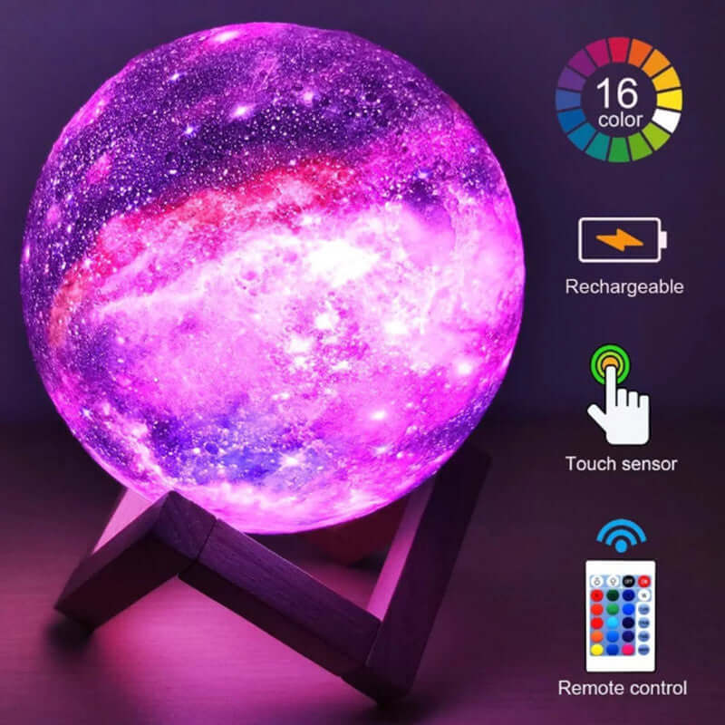 3D Printing Moon Light Galaxy lamp with 16 colors, rechargeable, touch sensor, and remote control on wooden base.