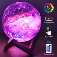 Rechargeable 3D Printing Moon Light Galaxy with touch sensor and remote control, showcasing 16 vibrant colors.