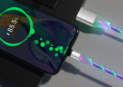 Colorful magnetic streamer data cable charging an iPhone, showing battery level at 85.5% with sleek design.