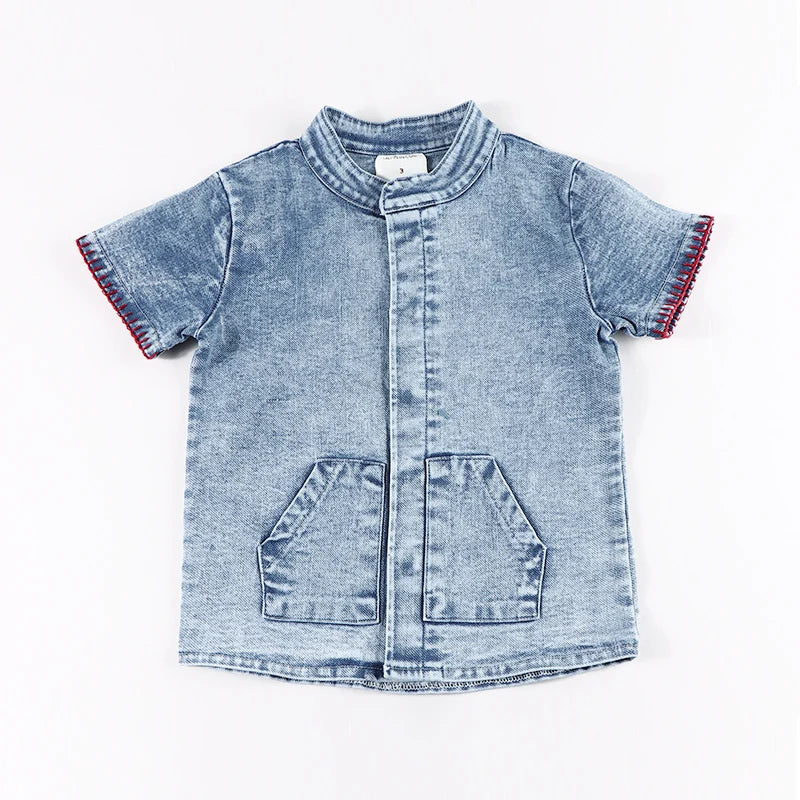 Summer denim collection girls dress set cute baby rompers boys casual shirt girls skirt family clothing set contrast pockets