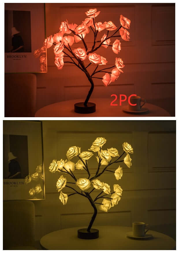  Rose flower lamps in pink and white on a marble table with soft lighting, ideal for elegant home decor.