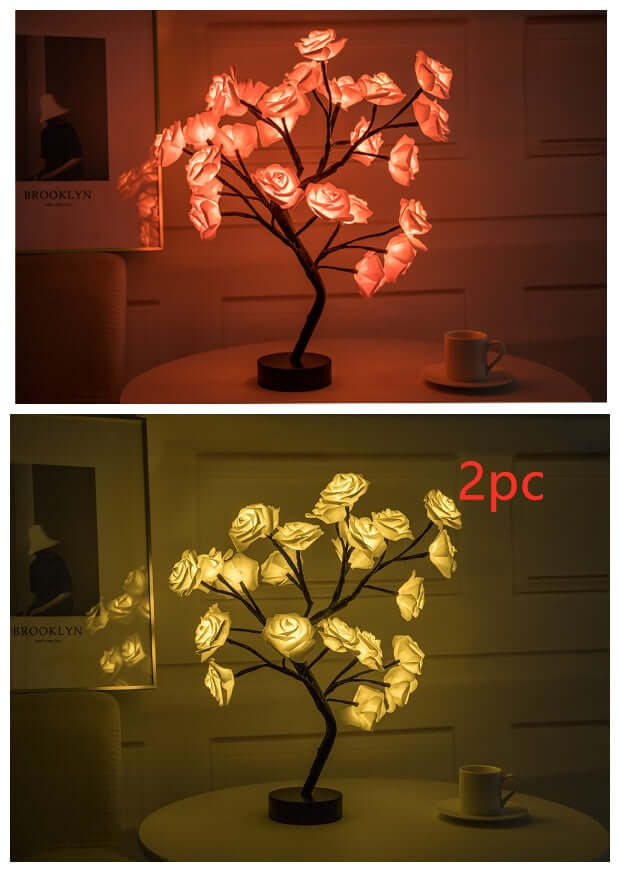  Rose flower lamps in pink and white on a marble table with soft lighting, ideal for elegant home decor.