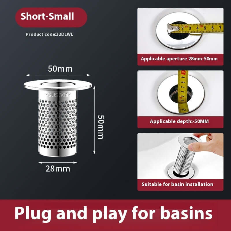 Short-Small Wash Basin Drainer with 28mm aperture and 50mm depth, designed for easy basin installation.