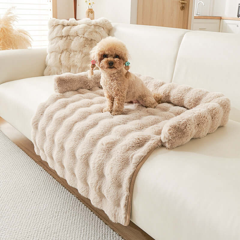 Cozy plush dog mat for winter with non-slip design, featuring a cute dog relaxing on it.