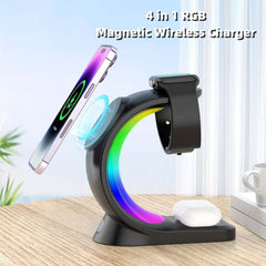 4-in-1 RGB magnetic wireless charger for smartphone, Apple Watch, and AirPods with sleek design and colorful LED light.