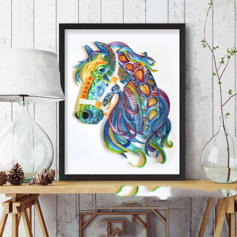 Colorful horse illustration framed wall art, perfect for home or classroom decoration and gifts.