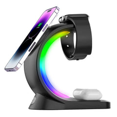 4 in 1 magnetic wireless charger with RGB lighting for smartphone, AirPods Pro, and iPhone Watch, sleek black design.