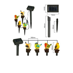 Waterproof solar luminous bird light string set with colorful LED birds for home decor, includes solar panel and stakes.