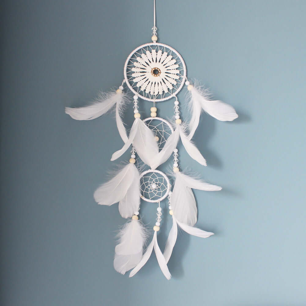 Elegant white Indian dreamcatcher pendant with feathers, perfect for European style home decoration.