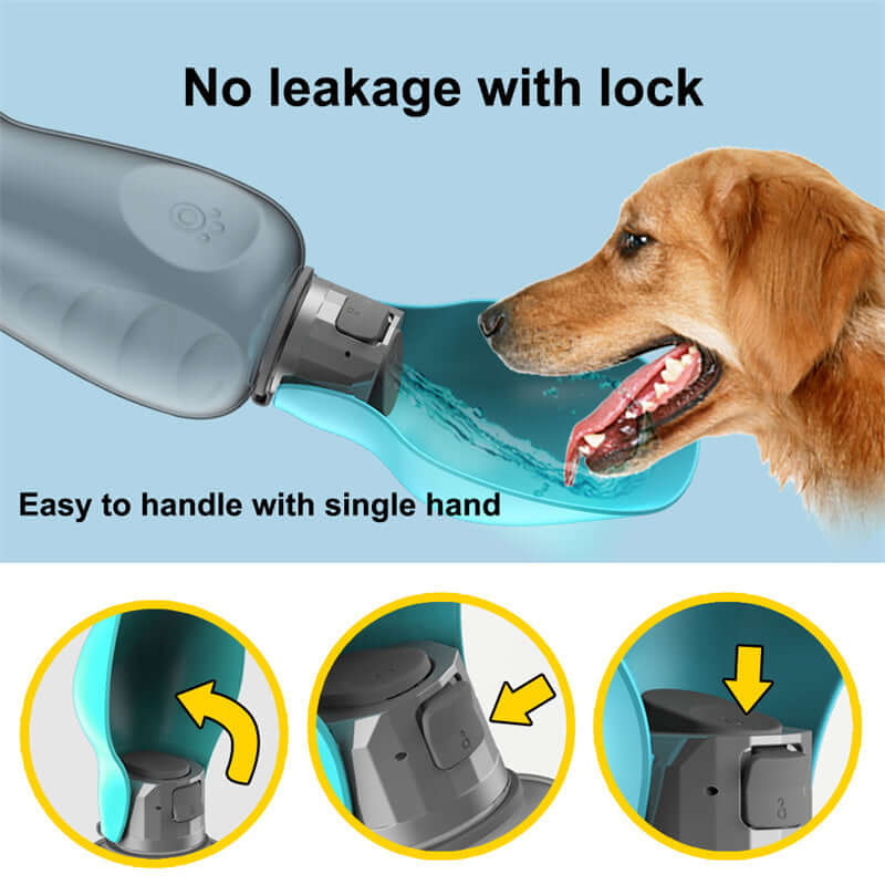 Portable dog water bottle with leak-proof lock, designed for easy one-handed use with a golden retriever.
