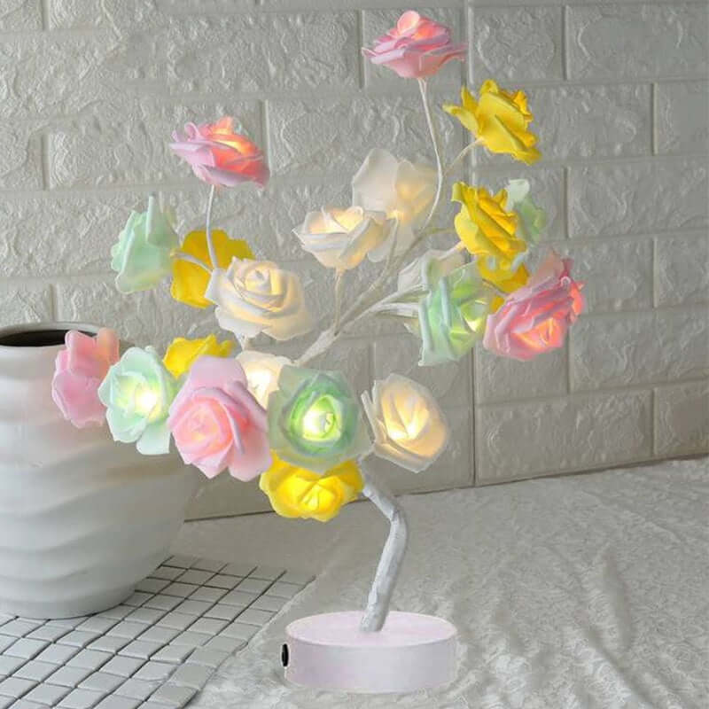  Rose flower lamps in pink and white on a marble table with soft lighting, ideal for elegant home decor.