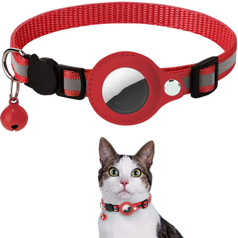 Reflective red nylon collar for cats with Airtag holder and bell, ideal for pets and promotional gifts.