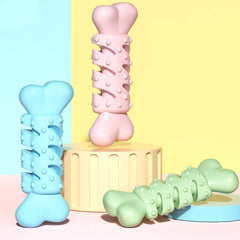 Colorful dog bone-shaped teething toys in blue, pink, and green, designed for chewing and teething comfort.