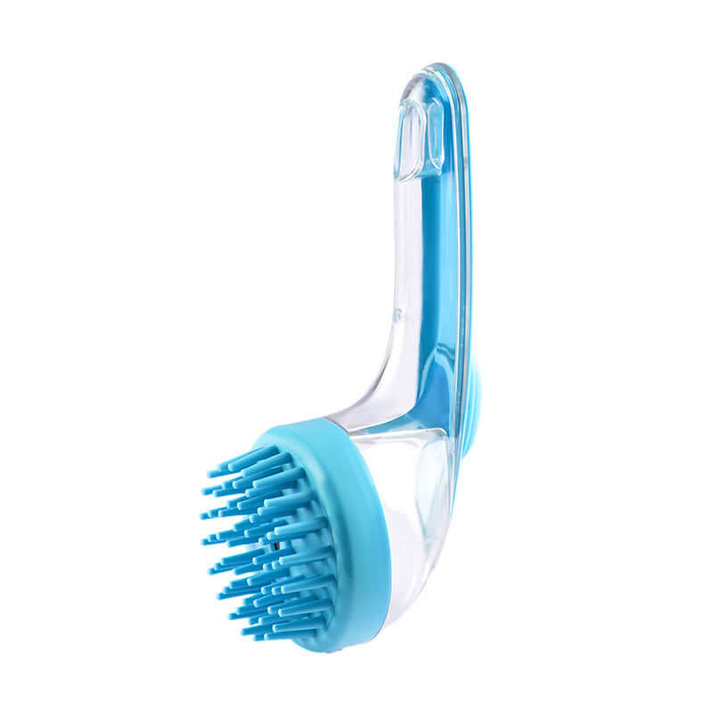 Long handle pet bath brush with soft bristles for grooming, cleaning, and bathing dogs and cats.