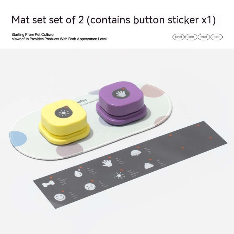 Colorful pet communication button mat set, featuring two buttons and a sticker for interactive pet play.
