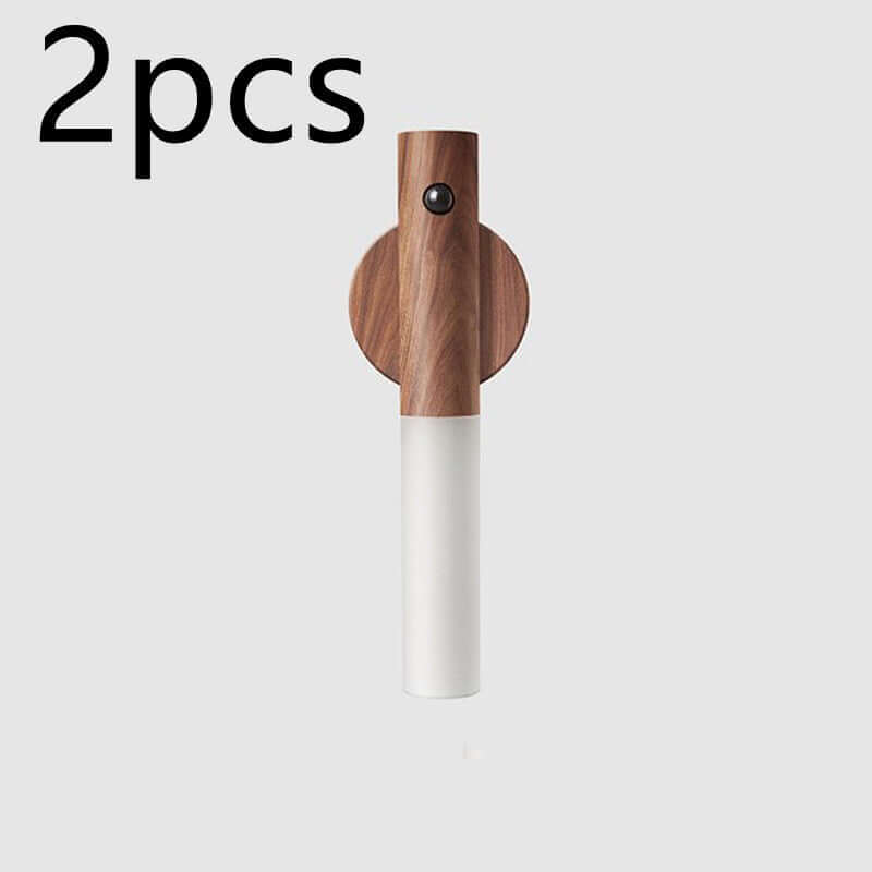 Set of 2 Auto LED USB Magnetic Night Lights with wood finish, PIR motion sensor, and warm LED glow.