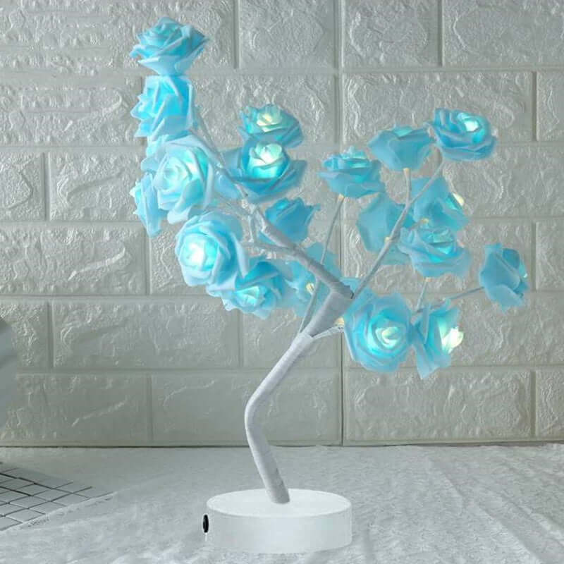  Rose flower lamps in pink and white on a marble table with soft lighting, ideal for elegant home decor.