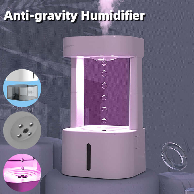 Creative anti-gravity humidifier with colored water droplets, enhancing air quality in home and office.
