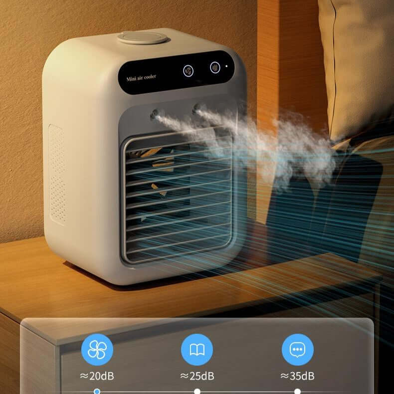 This portable air conditioner cools your space with water fan technology. Ideal for home, office, or car. Lightweight and energy-efficient.