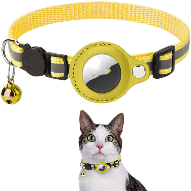 Yellow reflective collar for pets with Airtag holder and bell, ideal for cats and dogs, made from durable nylon.