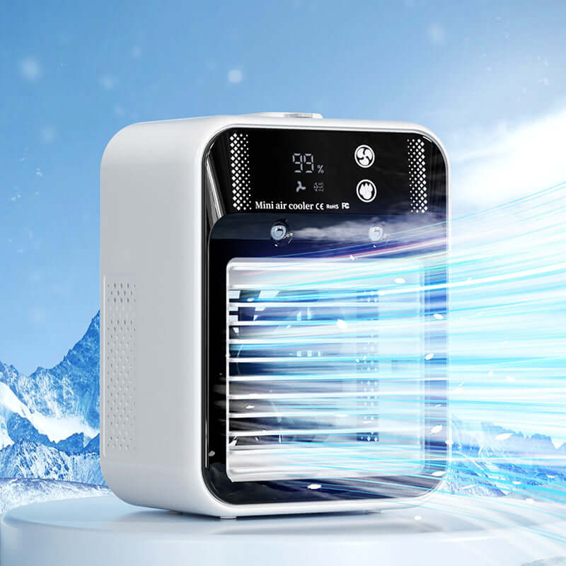 This portable air conditioner cools your space with water fan technology. Ideal for home, office, or car. Lightweight and energy-efficient.