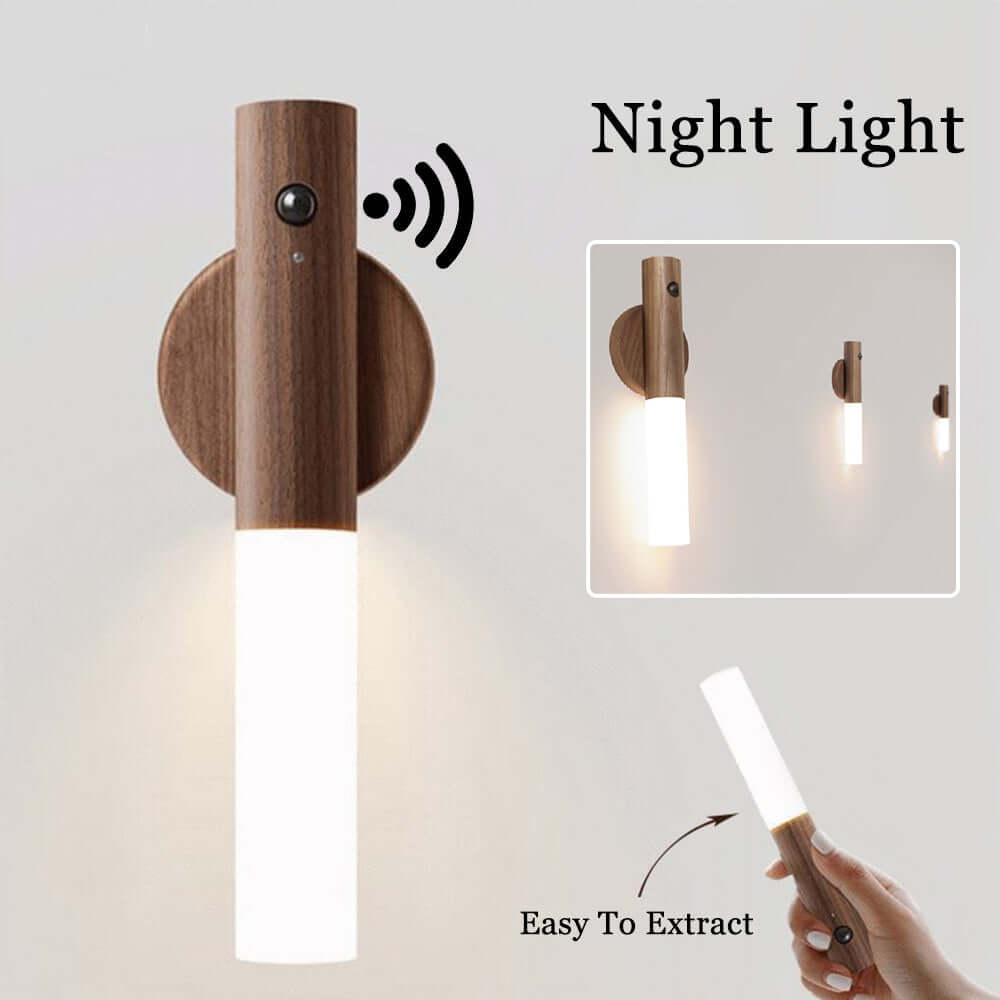 Auto LED magnetic wireless night light with motion sensor and wood design, ideal for corridors and cabinets.
