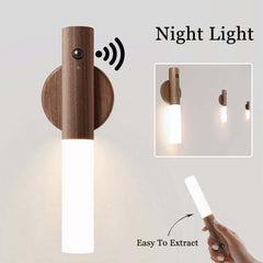 Auto LED magnetic wireless night light with motion sensor and wood design, ideal for corridors and cabinets.