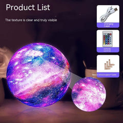 3D printing moon lamp with colorful galaxy design, showing charging cable, remote control, and beech wood support base.