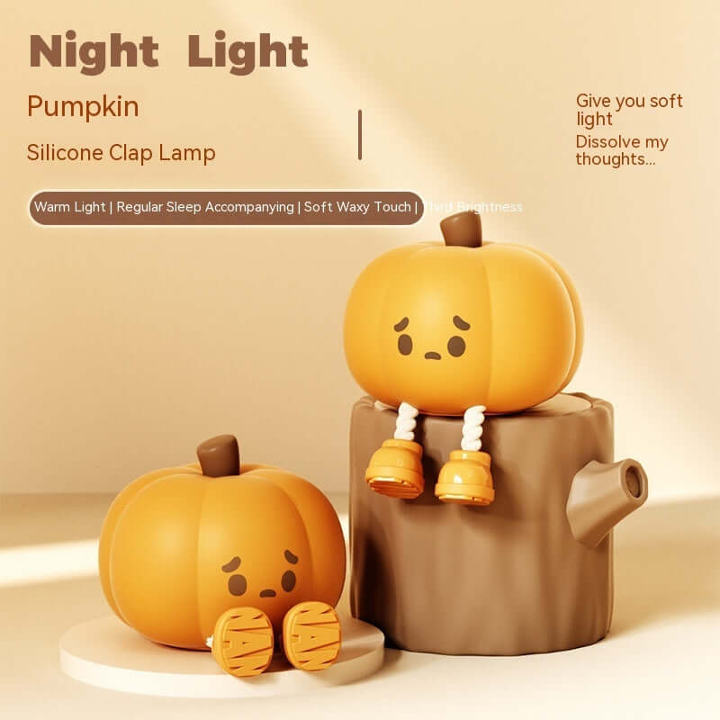 Cute silicone pumpkin night light lamp with soft glow, perfect for kids' bedside decor and Halloween ambience.