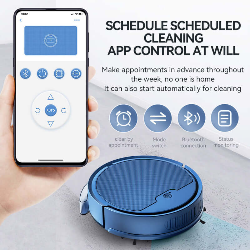 Intelligent sweeping robot with mobile app control for scheduled cleaning and Bluetooth connectivity.