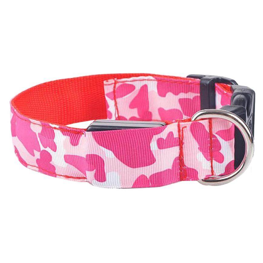 Luminous pink camouflage dog collar with nylon material and adjustable buckle for nighttime walks.