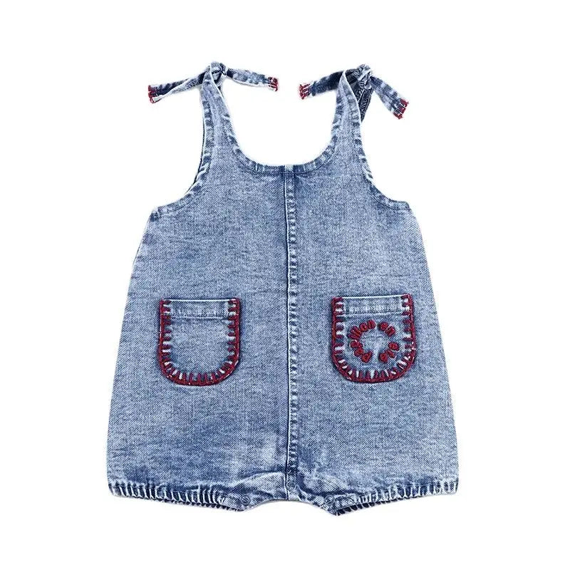 Summer denim collection girls dress set cute baby rompers boys casual shirt girls skirt family clothing set contrast pockets