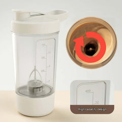 400ml electric protein powder shaker with high-capacity design and mixing mechanism for smooth blends.