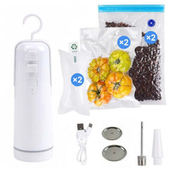 Portable electric vacuum sealer with accessories for food storage, including bags, a USB cable, and attachments.