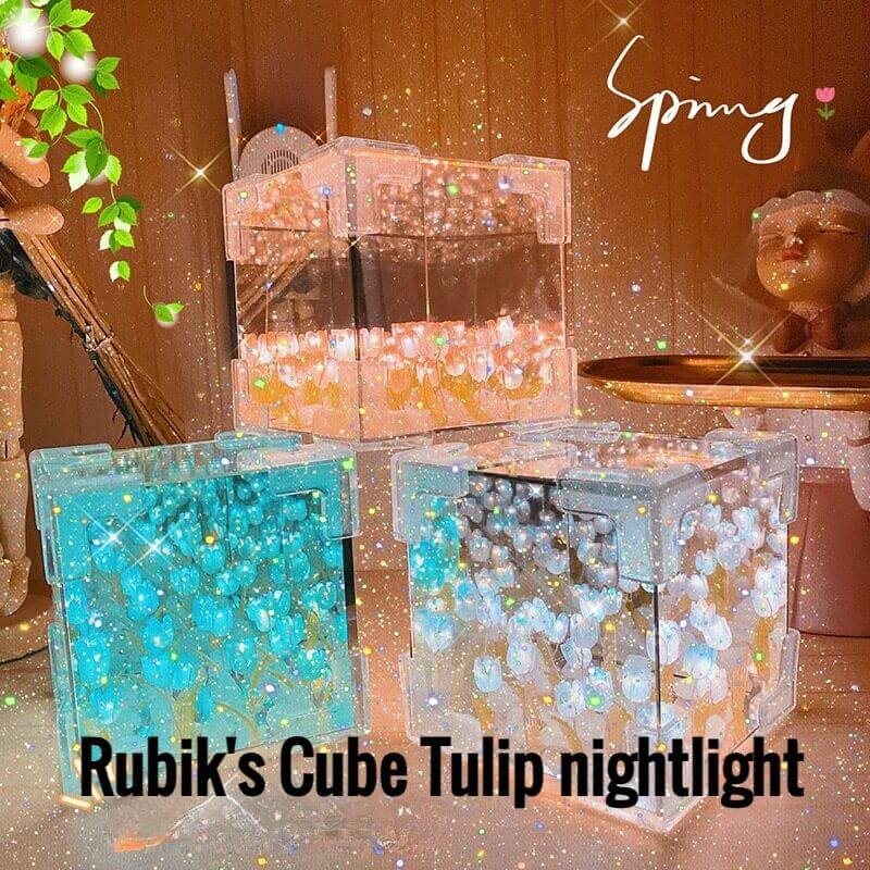 Colorful Rubik's Cube Tulip nightlights, showcasing unique designs in blue, pink, and warm yellow for home decor.