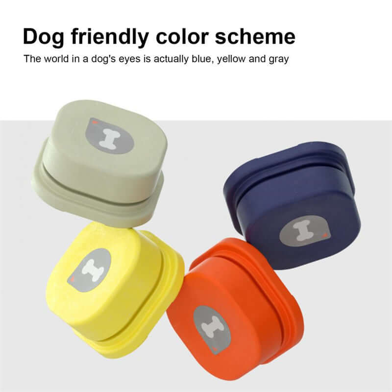 Colorful pet communication buttons in dog-friendly colors: yellow, orange, green, and blue designed for pet interaction.