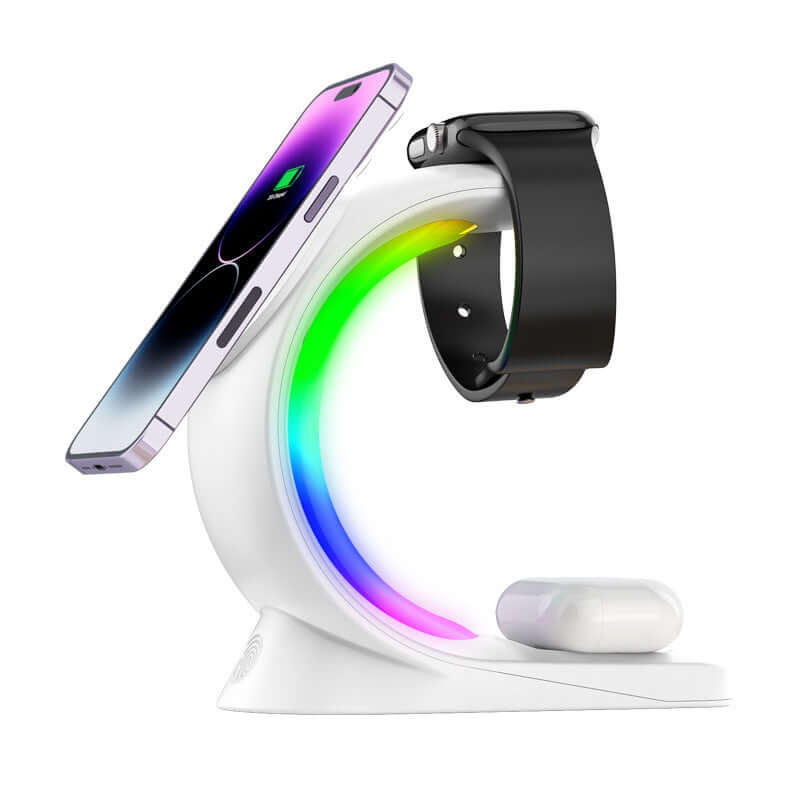 4-in-1 magnetic wireless charger with RGB lighting, for smartphone, AirPods Pro, and iPhone Watch, in sleek white design.