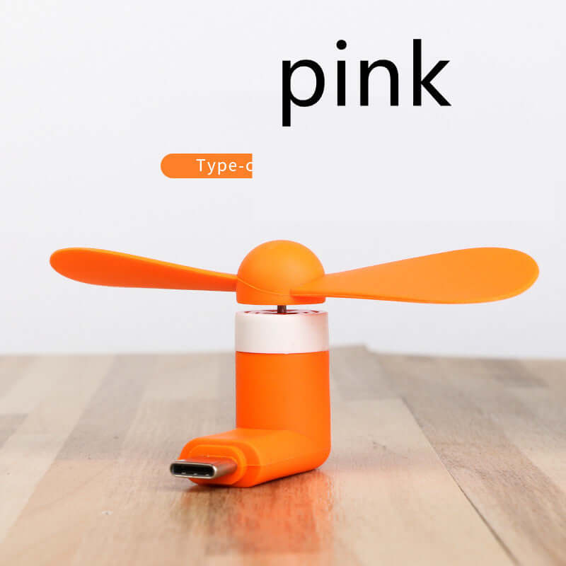 Orange mobile mini fan compatible with iPhone, iPad, and Android, compact design, low power consumption.