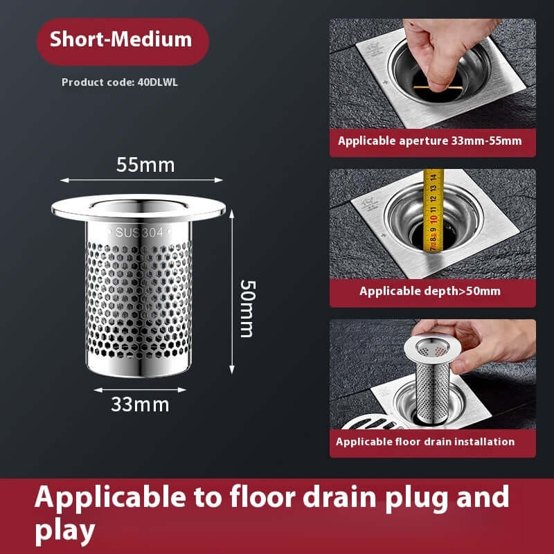 Short-medium drain plug for 33-55mm apertures; compatible with floor drain installations and made from SUS304.