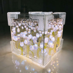 Handmade DIY tulip flower night light in a clear cube design, illuminating a romantic floral ambiance for home decor.