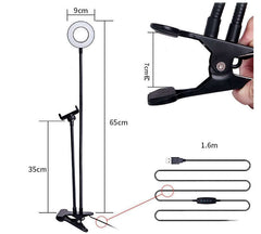 LED selfie ring light dimensions with clamp, adjustable height, USB powered for makeup and live streaming.