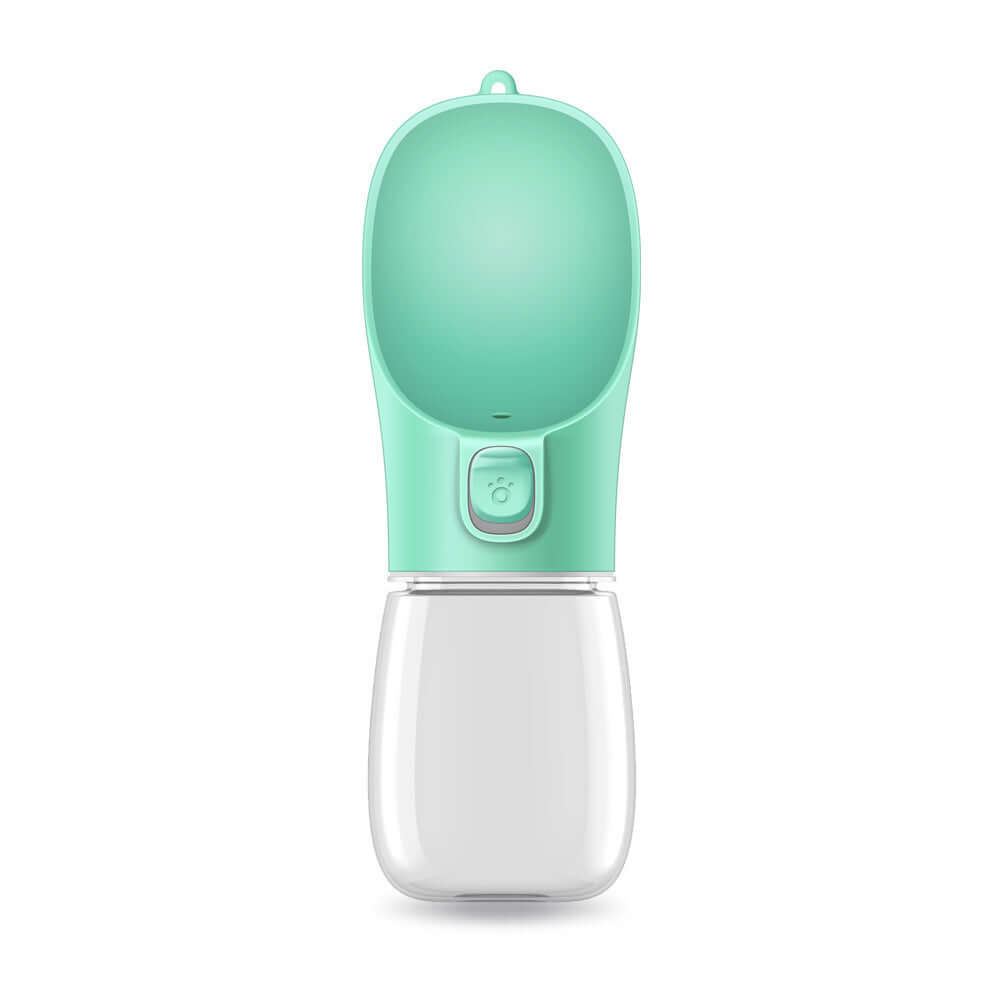 Portable dog water bottle with bowl combination, mint green design, perfect for outdoor activities.