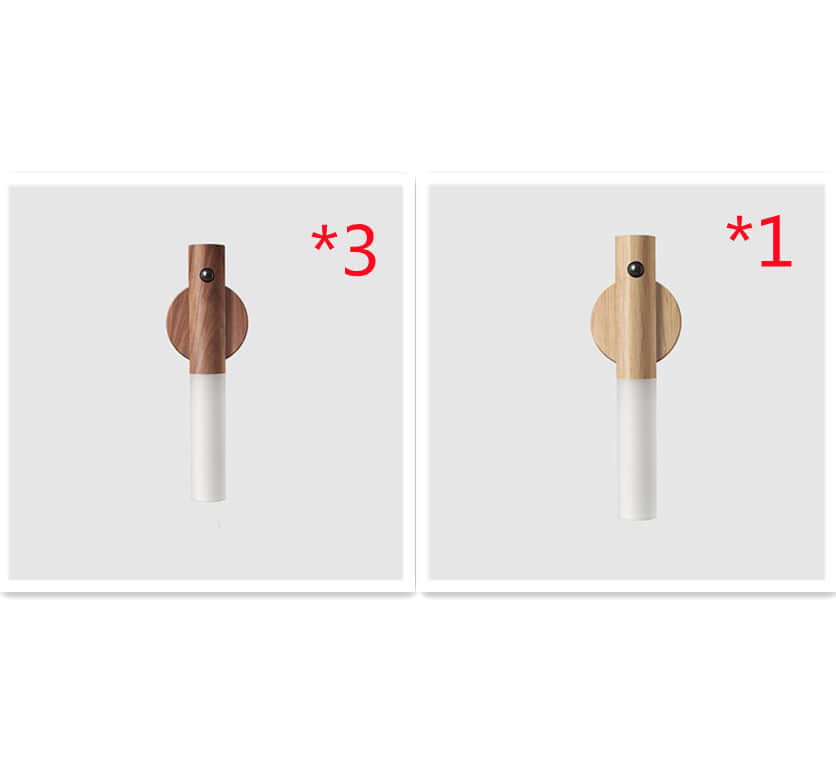 Two styles of magnetic USB LED wall lights with wooden bases and soft white light, ideal for night lighting.