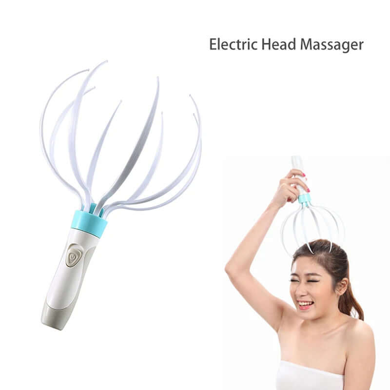 Electric head massager featuring eight flexible claws for relaxation and scalp stimulation.